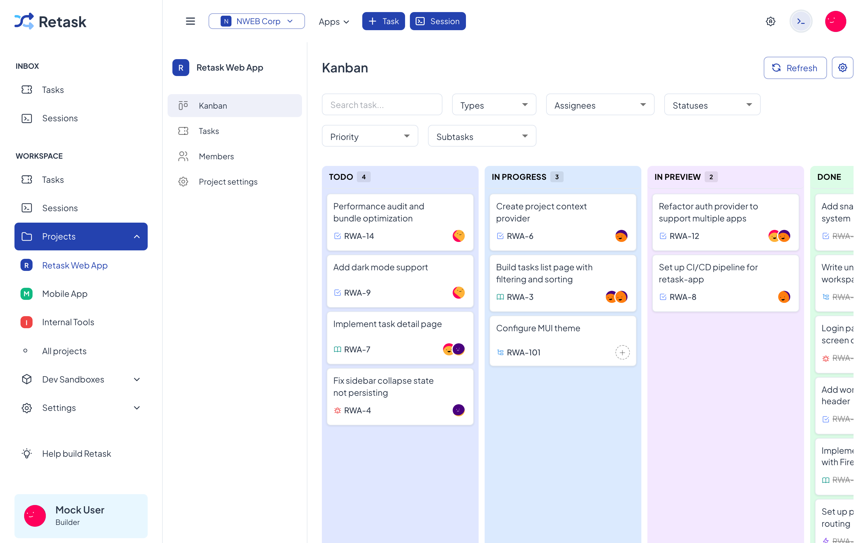 A project’s Kanban board with Todo, In Progress, In Preview, and Done columns.