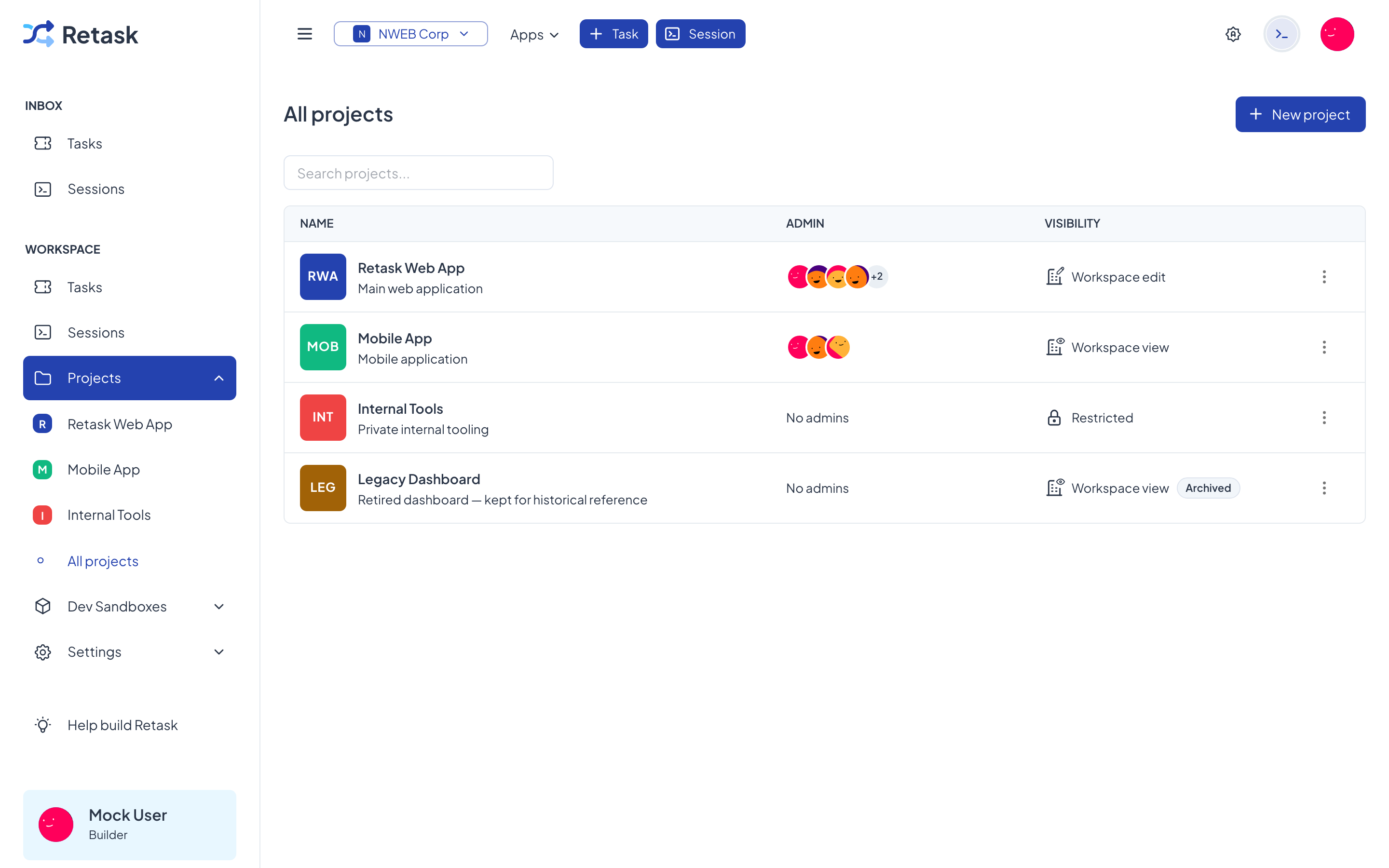 The projects list, showing each project with its admins and visibility.