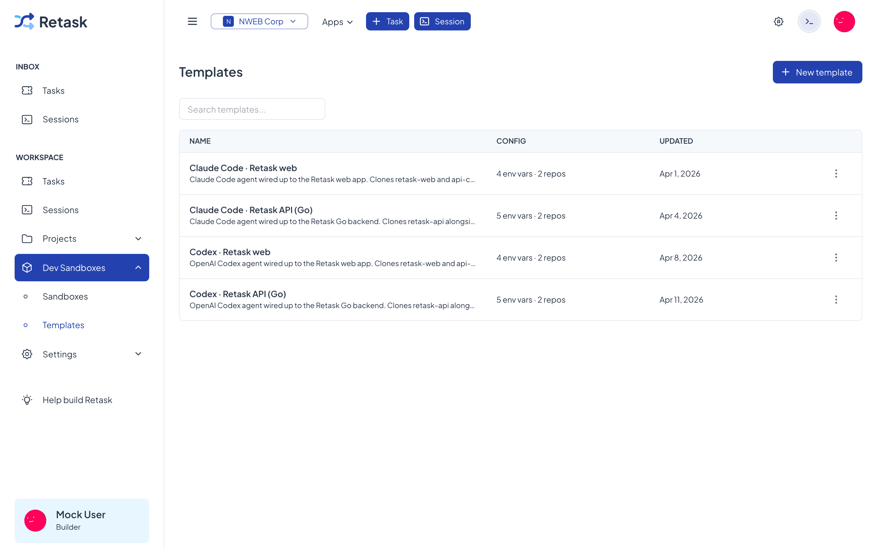 The sandbox templates list, each showing its repos and environment variables.