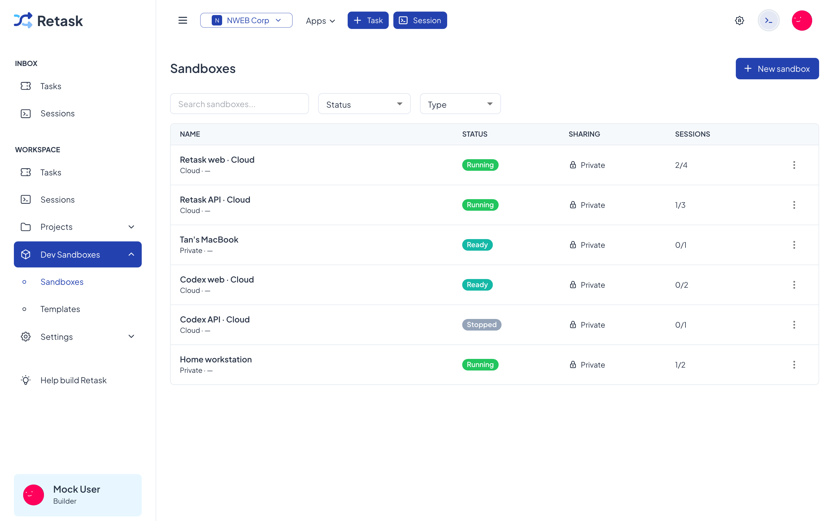 The sandboxes list with status, sharing, and session counts.