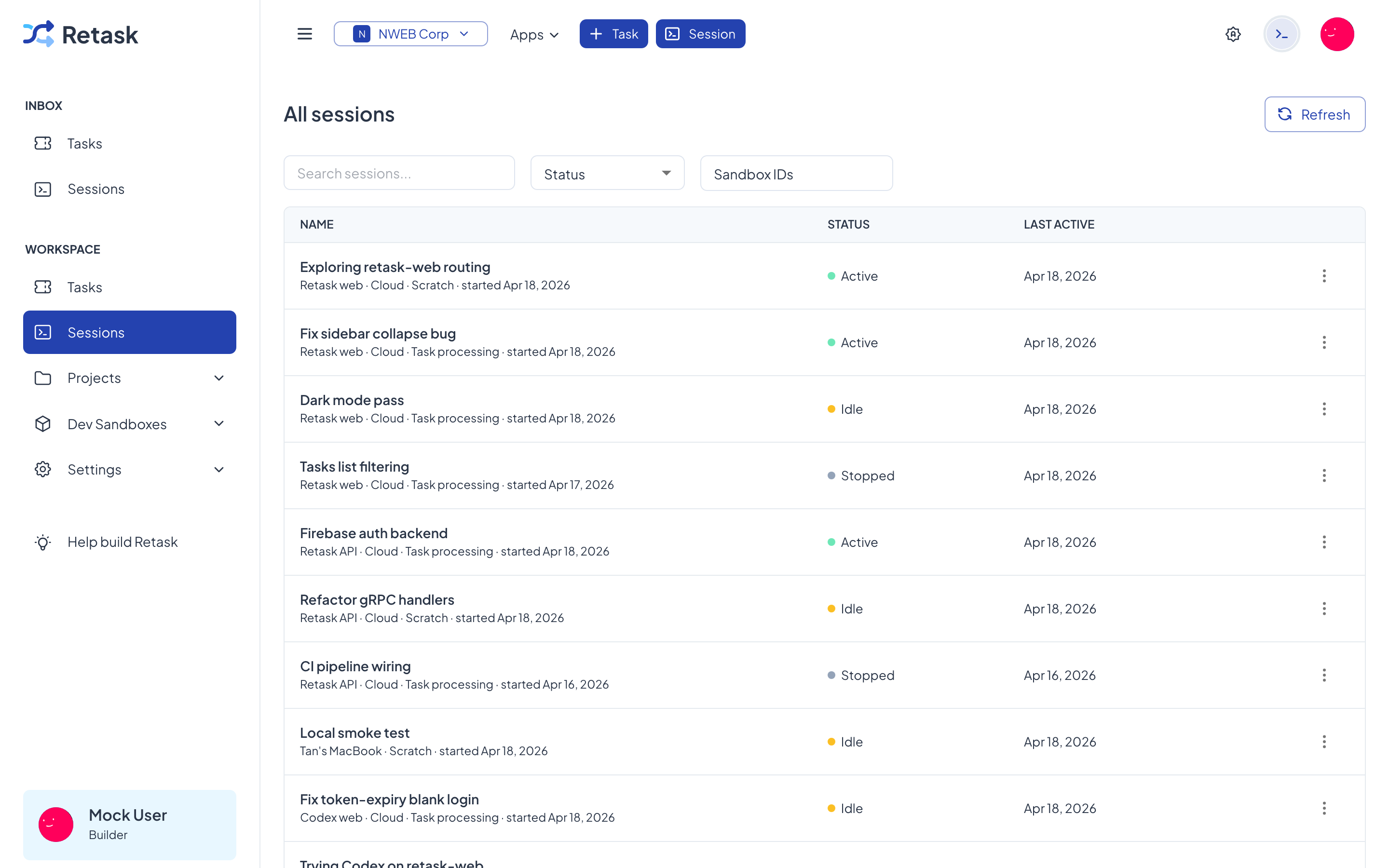 The sessions list, showing each session’s sandbox, status, and last activity.