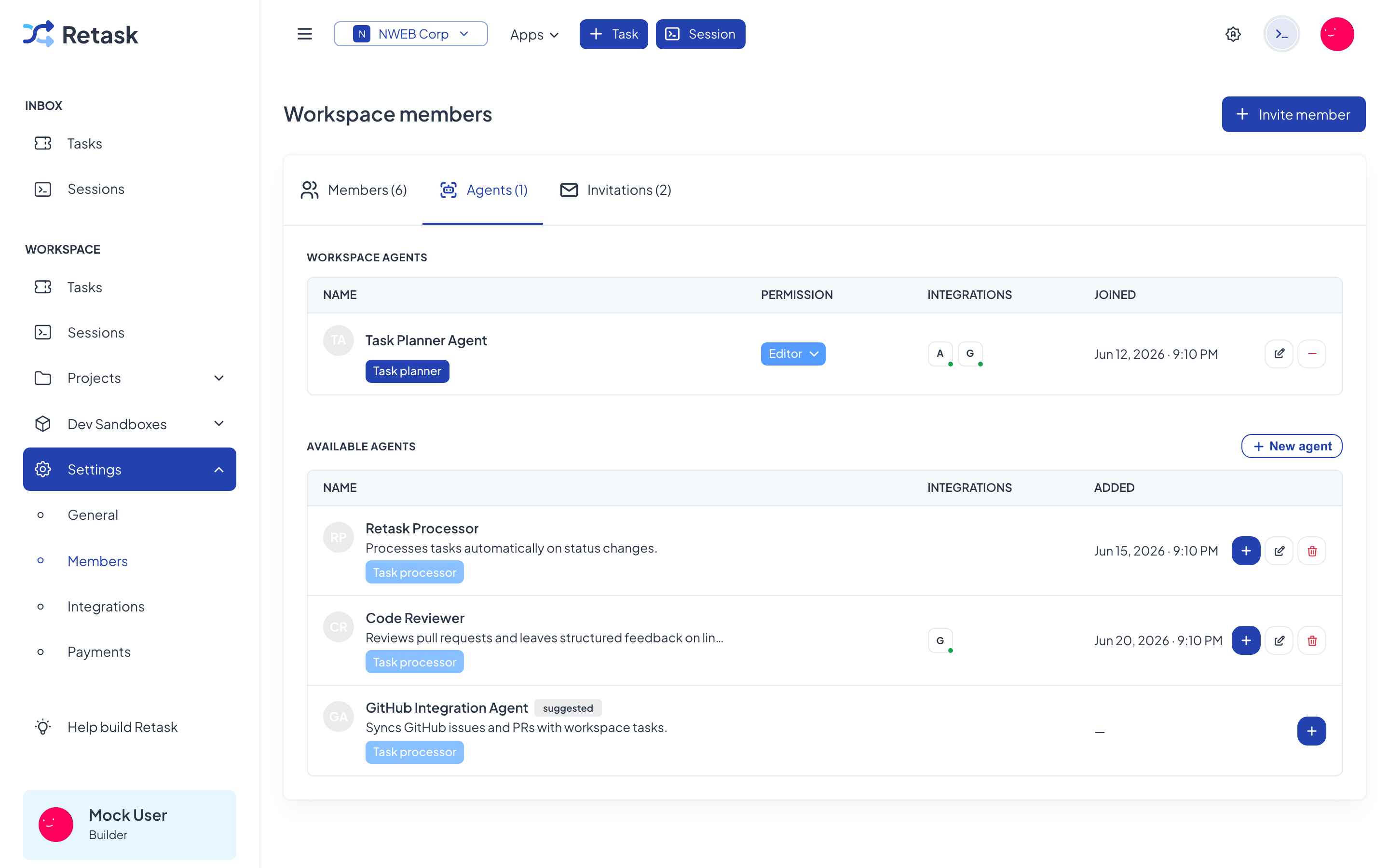 The Agents tab, showing workspace agents and a catalog of available agents.