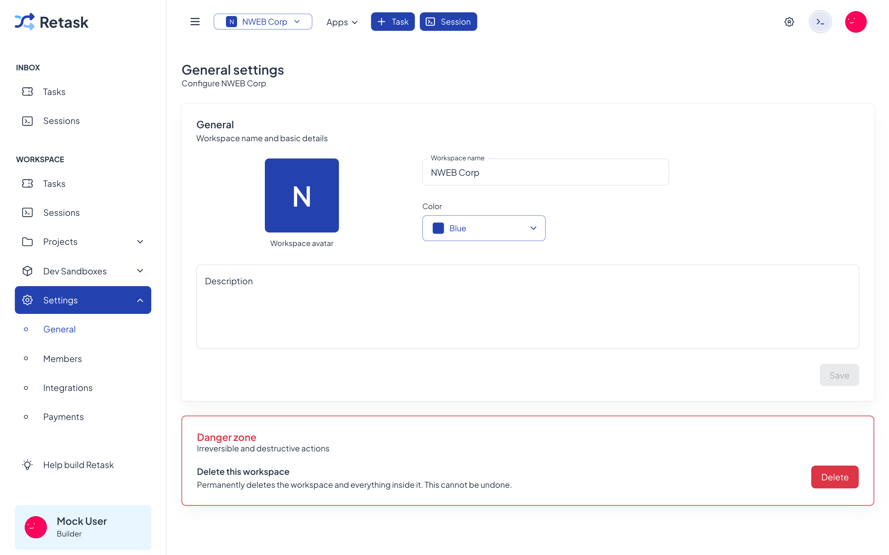 General workspace settings, where you set the name, color, and description.