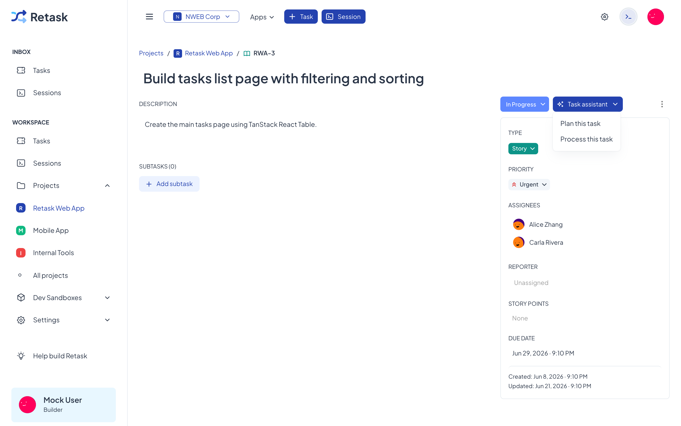 The Task assistant menu on a task, with Plan this task and Process this task.