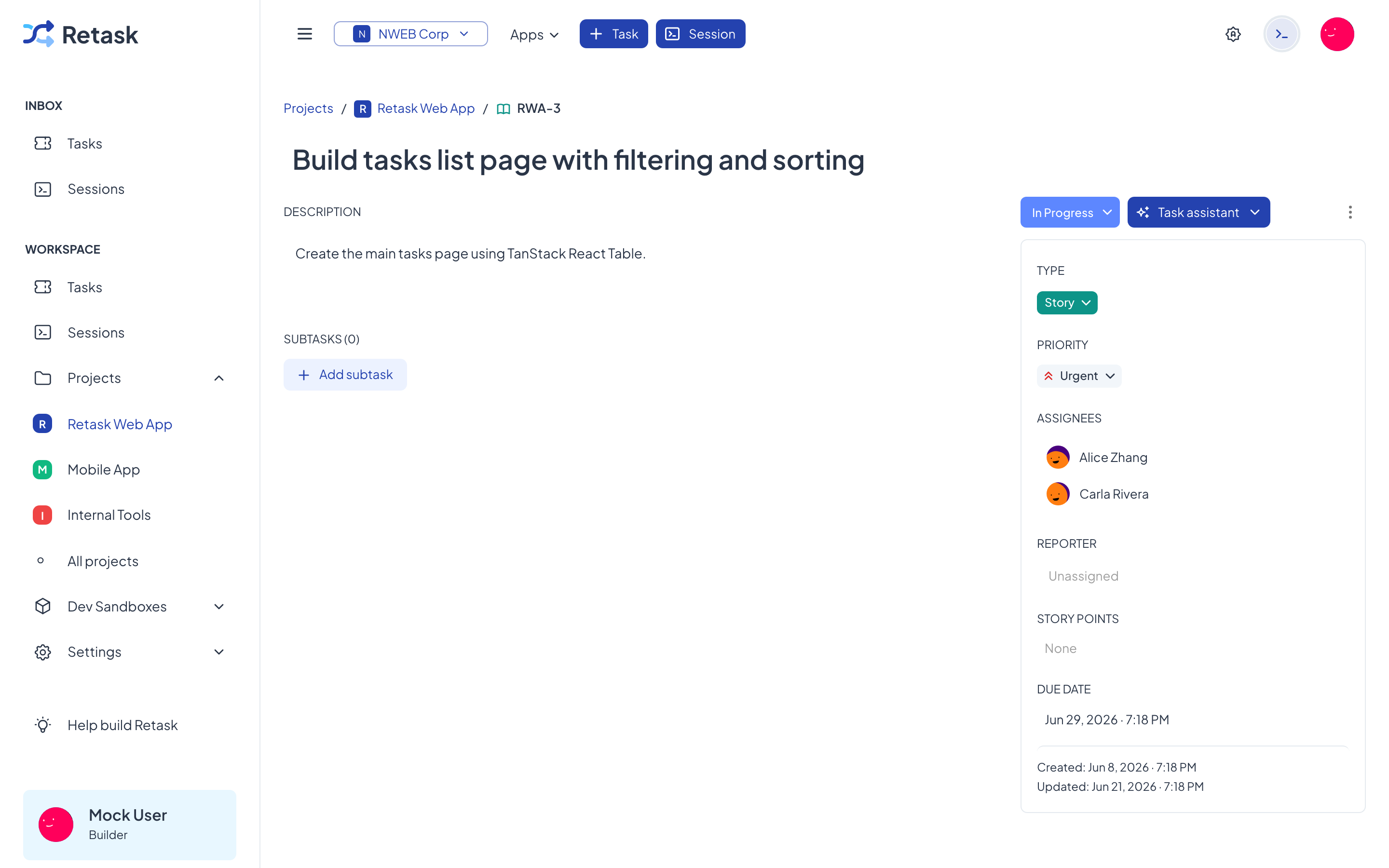 A task detail page, with the Task assistant ready to run an agent.