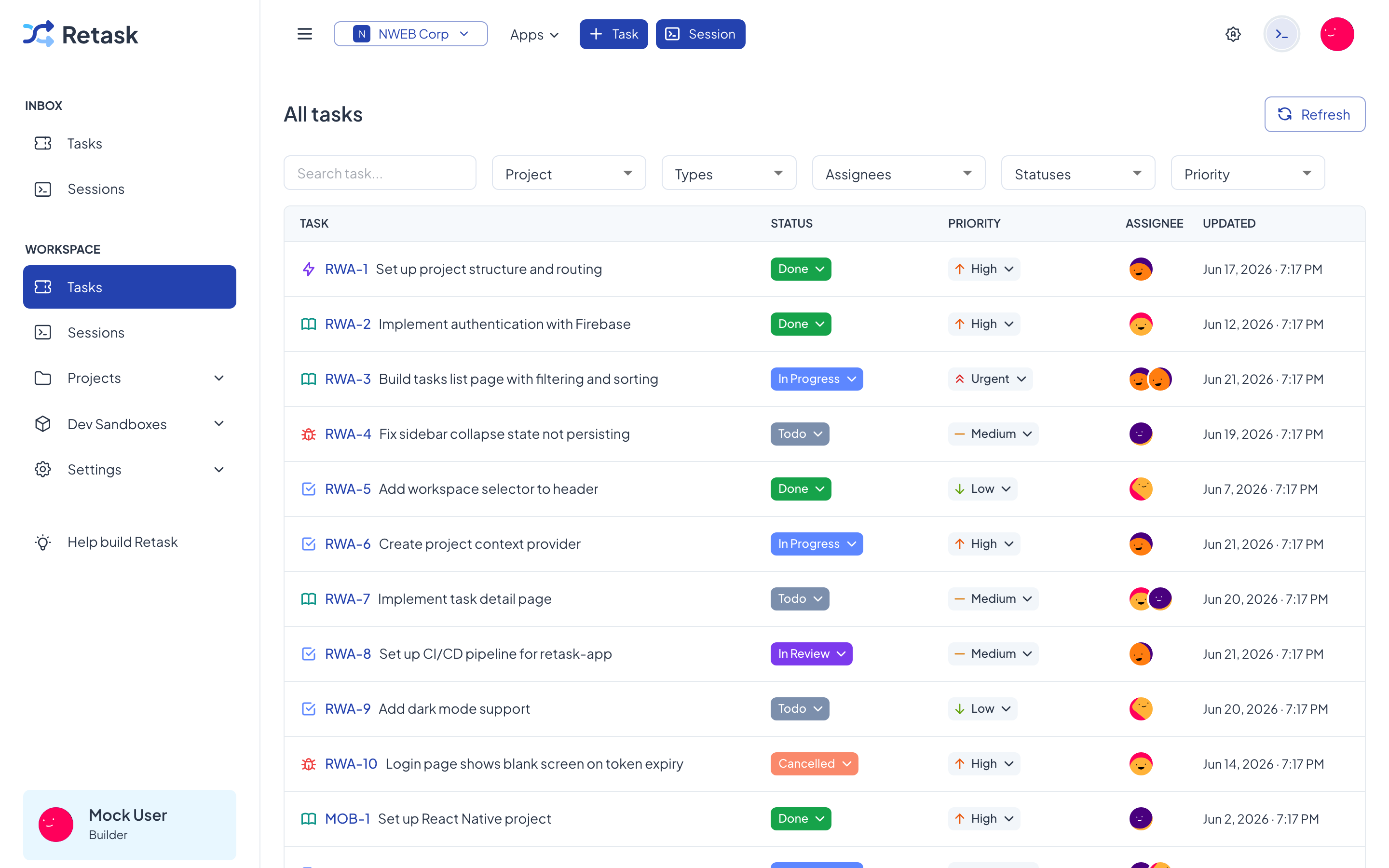 The All tasks view, listing tasks with status, priority, assignee, and dates.